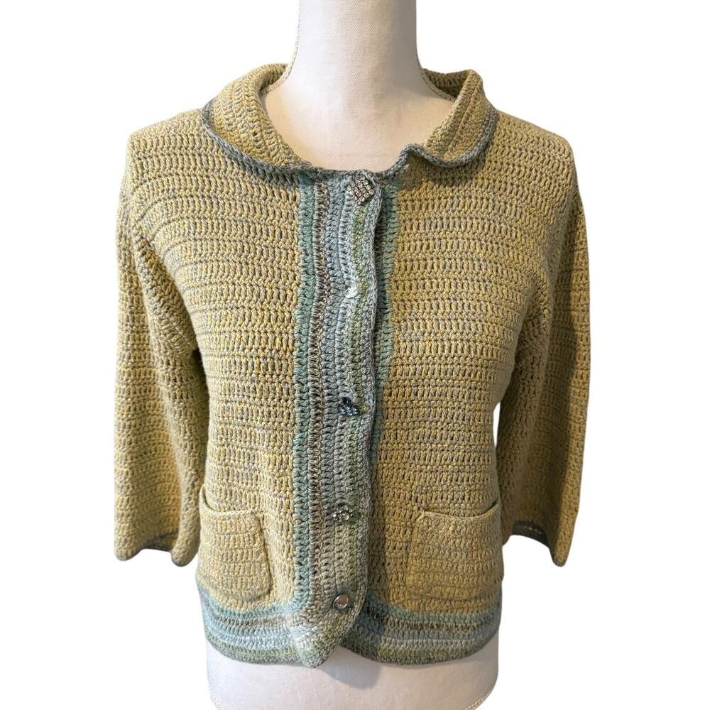 Vintage Crochet Knit Collared Cardigan Sweater Yellow Blue Rhinestone Buttons